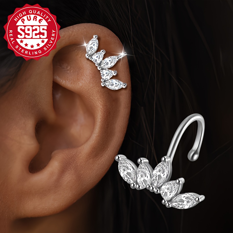 

1pc Elegant Leaf Shaped 925 Sterling Silver Ear Hanging, Silver Plated, Synthetic Zirconia Mosaic, Low Allergy, 1.3g, Daily , Vacation , All