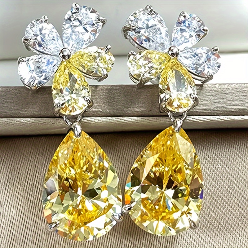 E-shop 1 Paar modische Damen-Ohrhänger, Vintage kunstvolle zweifarbige Blumen-Tränenohrringe mit eingelegtem gelbem synthetischem Zirkonia, Schmuck für