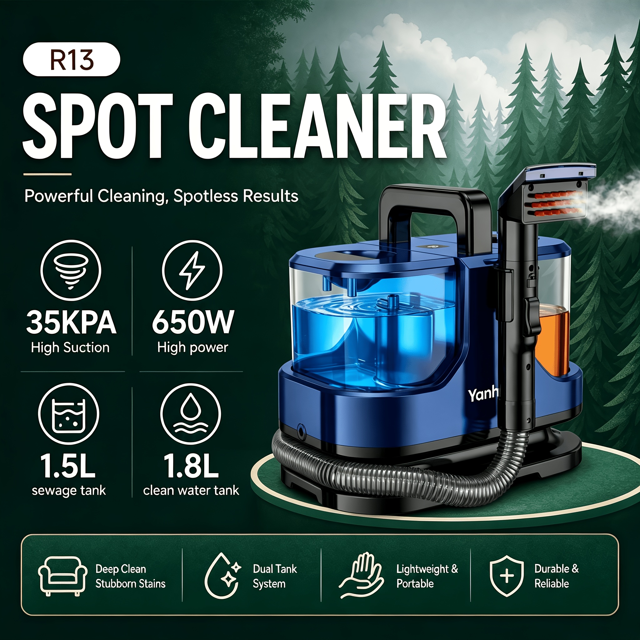 Compact Carpet Cleaning Machine Portable Upholstery Cleaner For Rugs, Sofa, Mattress, Car Seats, Curtains, And Household Fabric, 35kpa Powerful Suction, Independent Dual Water , Extra Long Power Cord
