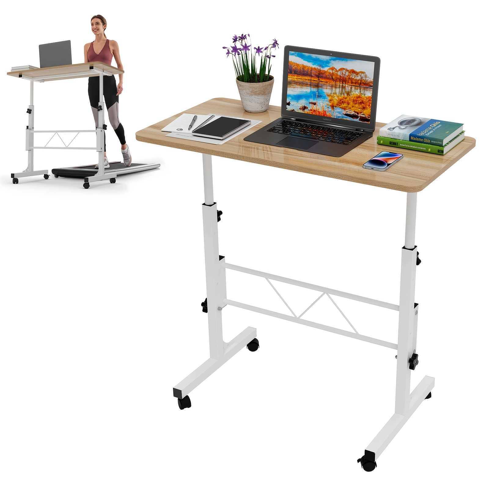 Adjustable Height Rolling Bed Desk 80x40cm - Oak Finish Wood Top With White Metal Legs, Mobile Table For Bed & Sofa (74-110cm Height Adjustable), Space For Apartments