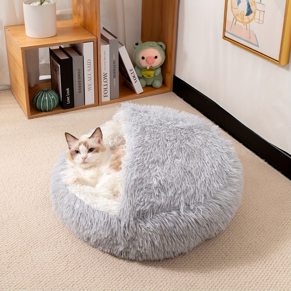 1pc classic plush shell cat bed with hood cozy half enclosed pet nest for cats and small dogs warm comfortable polyester fiber material non electric easy assembly Product details 3