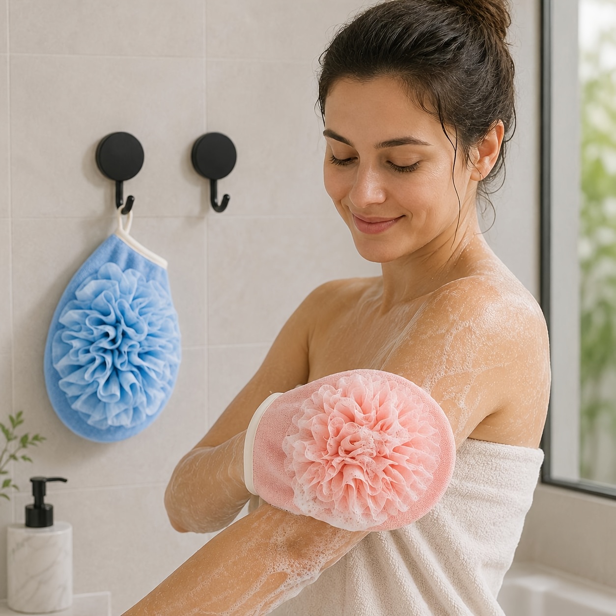 Bath Flower Glove & Hook Set, 2pcs for Exfoliation