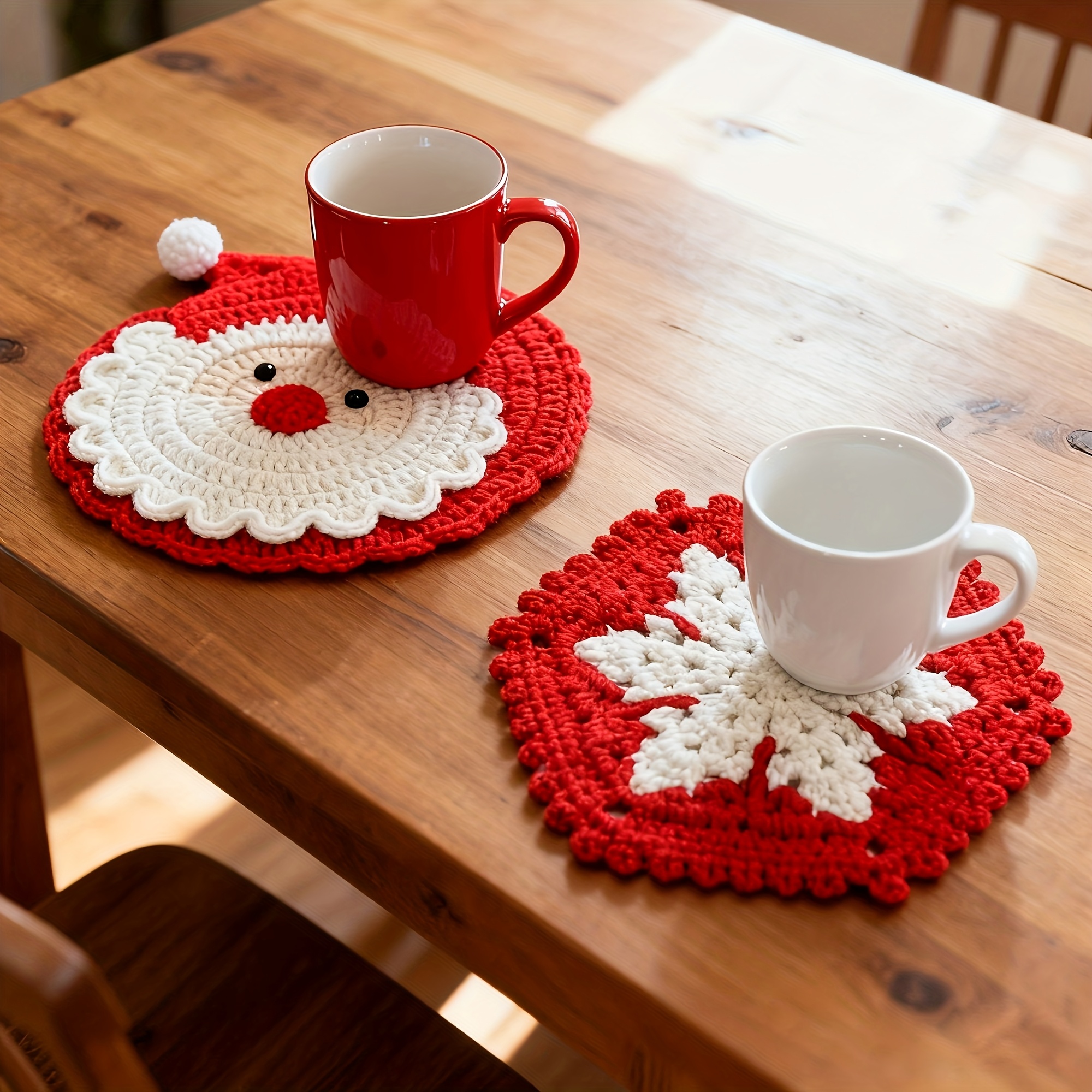 TEMU 4pcs Handmade Crochet Santa & Snowflake Coasters - Fabric Drink Trays With Crocheted Santas, Durable Christmas Table Protectors Suitable For