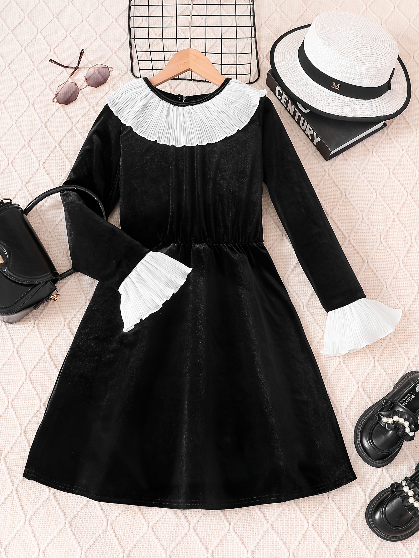 girls large black dress white ruffle trim neckline cuffs - Temu Bahrain