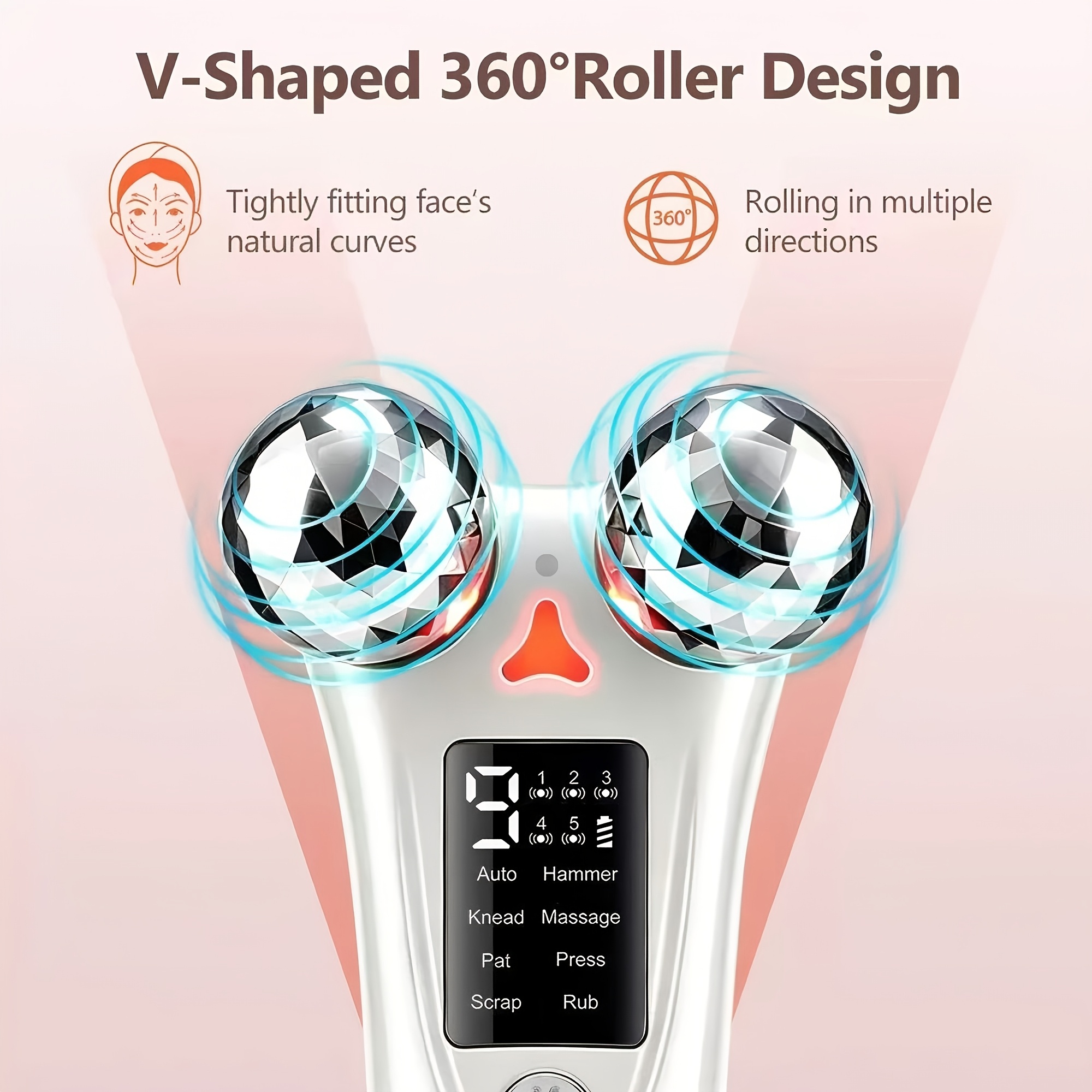 V formos 360° elektrinis veido masažuoklis-rolleris, kaklo grožio prietaisas su 5 lygių aukšto dažnio vibracijos nustatymais / 8 režimais / 9 intensyvumo lygiais reguliuojamas, veido odos priežiūros priemonė, dienos dovana grožio prietaisas / masažuoklis
