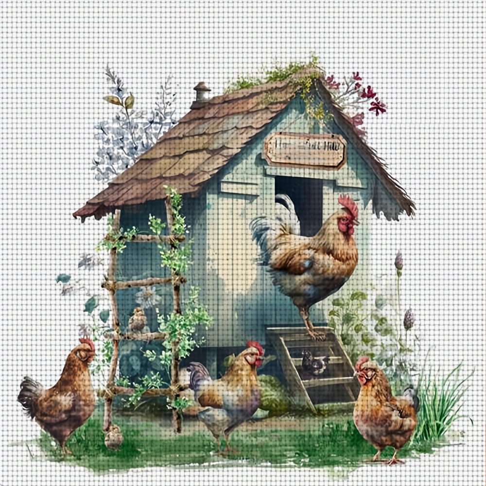 TEMU 1 Set Of 11ct Frameless Diy Stitch Kit-rooster, Hens And Chicks Near A Chicken Coop,home Decoration Art Handmade Embroidery Set, Including