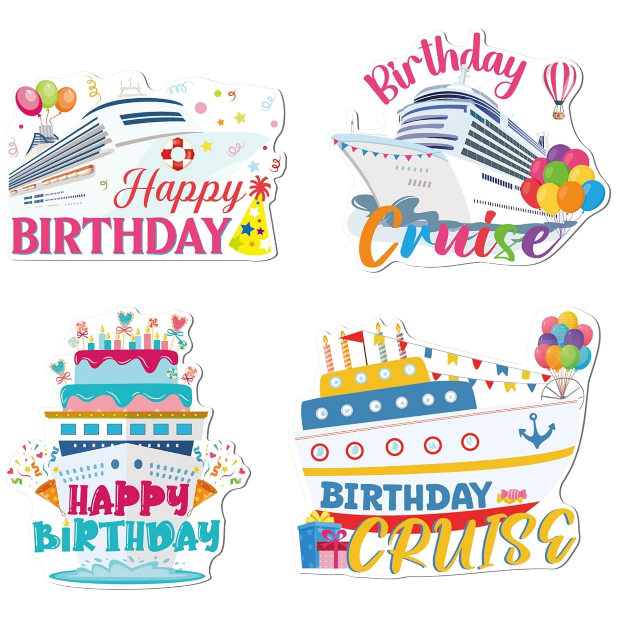 4pcs Magnetic Birthday Cruise Door Decorations - Vibrant Rubber Fridge Magnets with Cruise Ship, Balloons, and &quot;Happy Birthday&quot; Design for Cruise Ship Stateroom, Refrigerator, or Car Party Decor, Cruise Magnets for Cabin Door Decorating