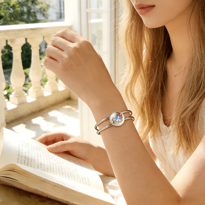 Adjustable Open Bangle Bracelet with Round Time Gemstone