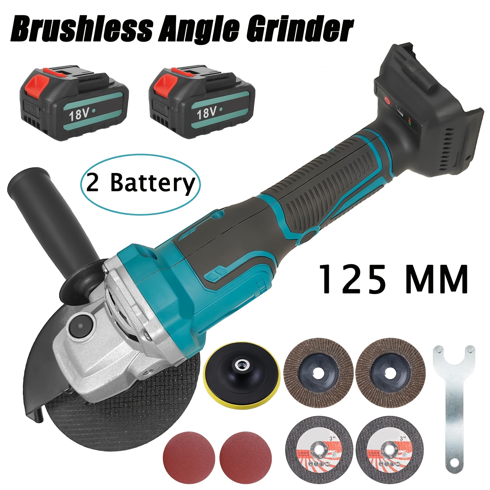 E-shop 125MM Elektrischer Winkelschleifer, 18V Akku-Winkelschleifer mit 2×5.5Ah Li-Ion Akku, Seitenarm und 4-1/2 Zoll Schleifscheiben zum Polieren und