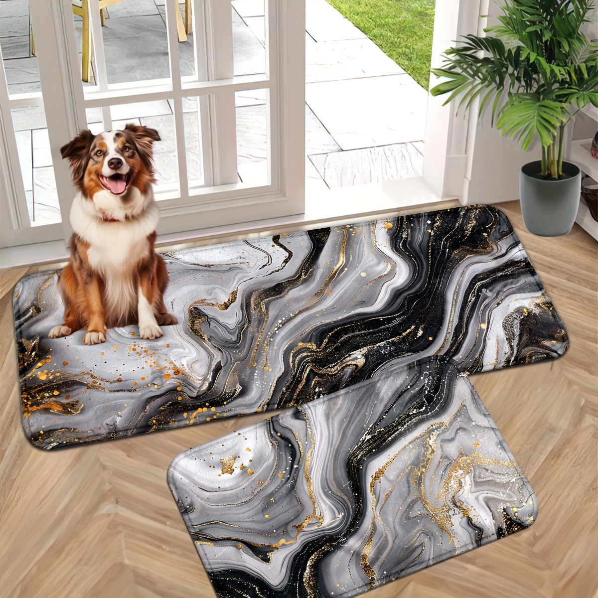 

Black Golden Marble Pattern Non-slip Doormat Set - Machine Washable, Knit Weave, Polyester Floor Mats For Kitchen, Bedroom, Bathroom, Entryway - Elegant Home Decor Mats With Anti-slip Backing