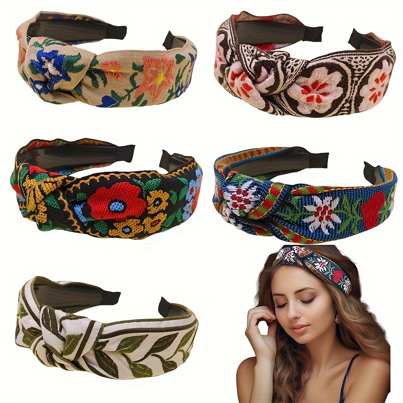 

5pcs Boho Headband Embroidery Headband For Women Bohemia Handmade Wide Headbands Vintage Ethnic Style Hair Bands Hair Turban Floral Embroidered Headband For Women Hair Accessories, 5 Styles