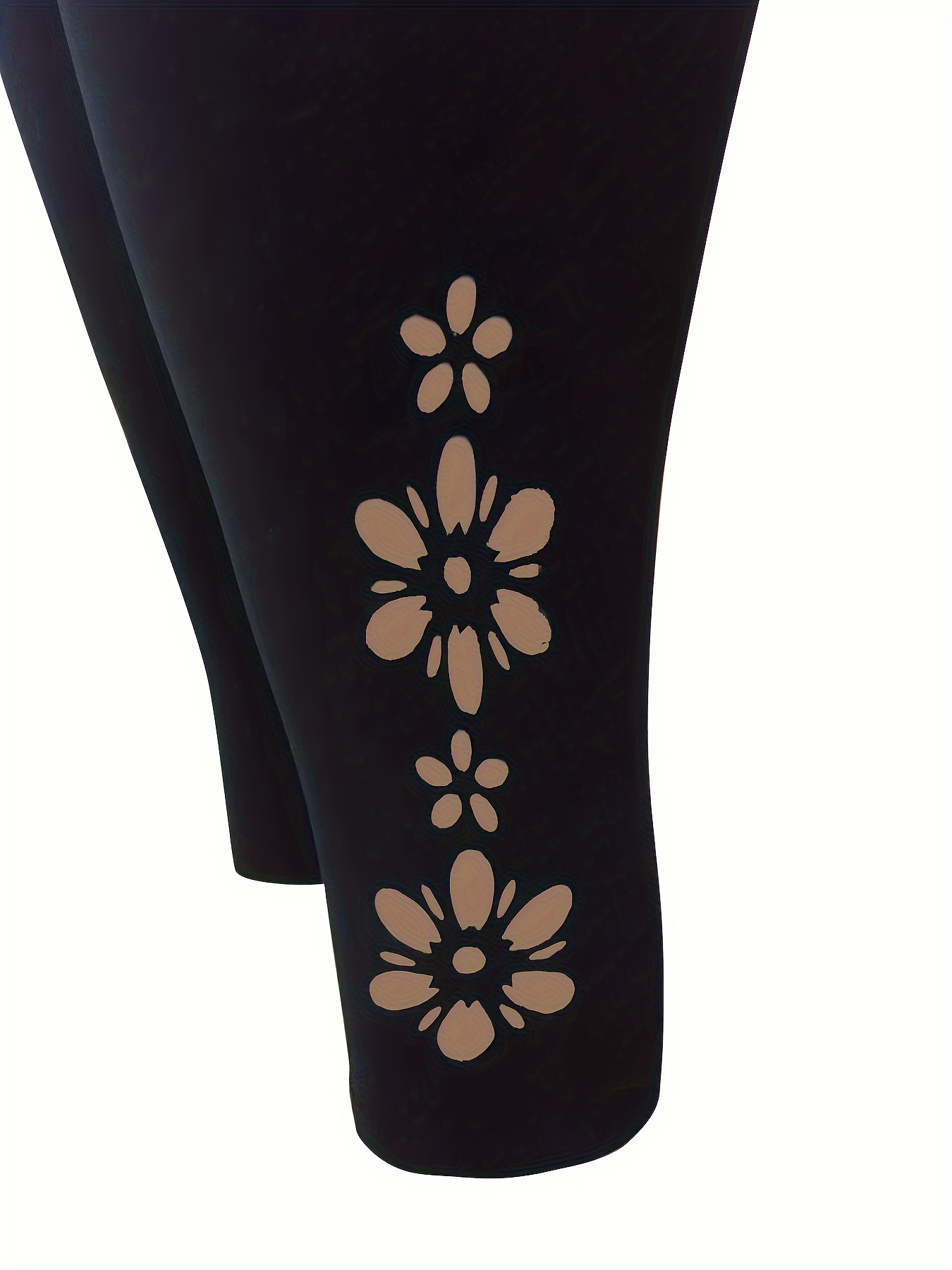 Plus Size Side Floral Print Capri Leggings, Casual High Waist Stretchy Leggings For Spring & Summer, Women's Plus Size Clothing