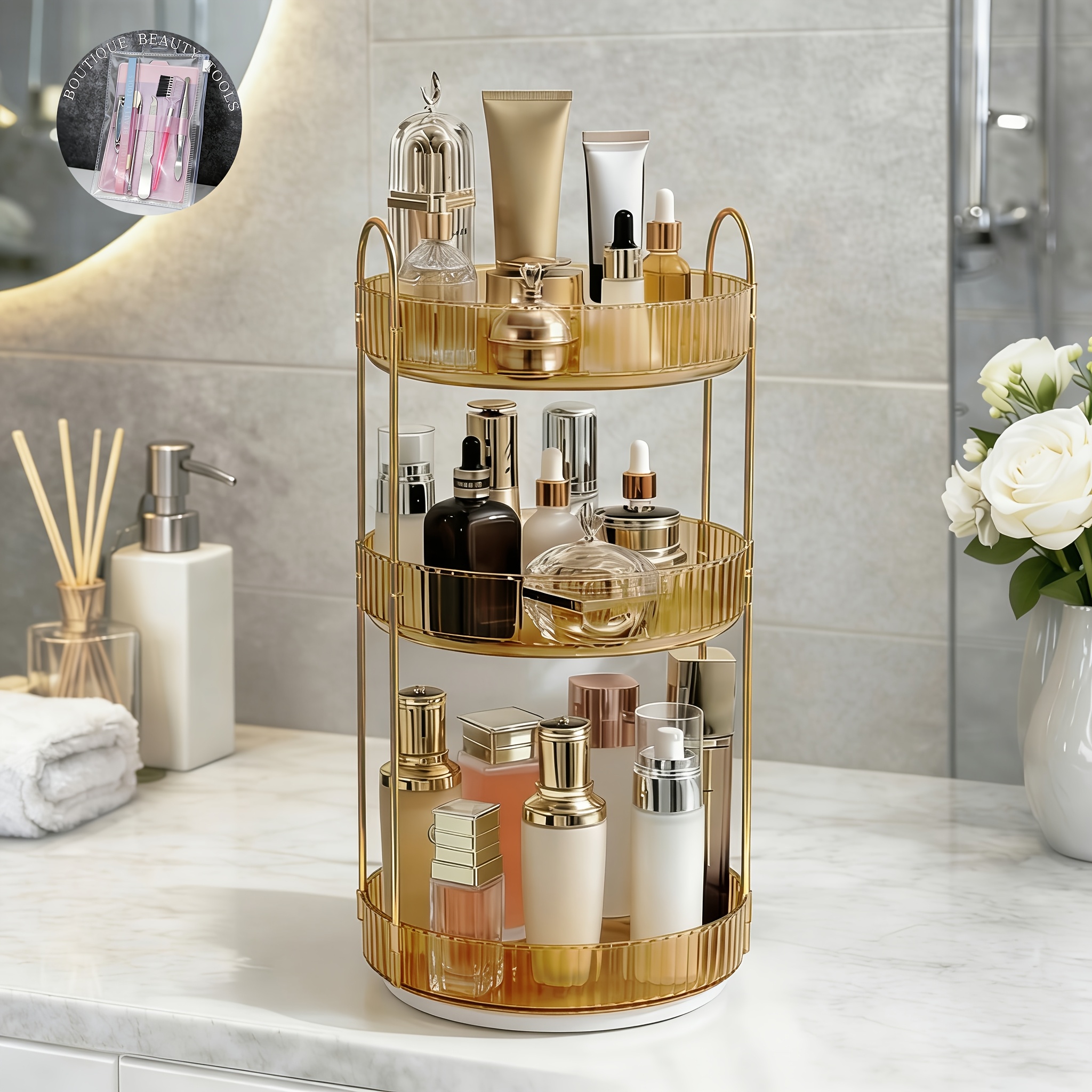 TEMU 1pc High-capacity 360 Rotating Makeup Organizer(free Premium Beauty Tools Are Included.) - Perfect For Skincare, Cosmetics, And Perfumes - Clear