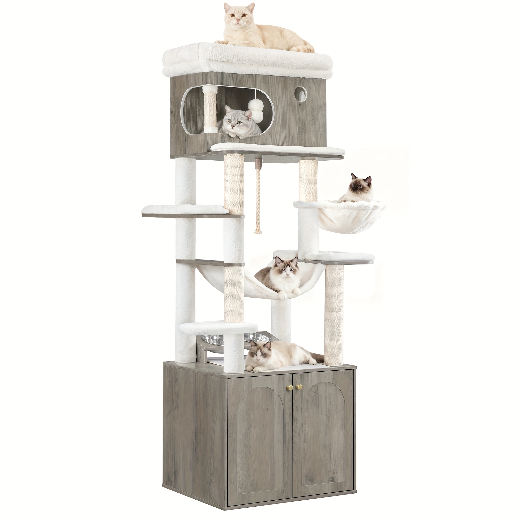 Cat Tree With Litter Box Cabinet, Feeding Station, 176cm High, With Large Platform, Sisal Rope, Hammock, Washable Cushion, Plush Balls