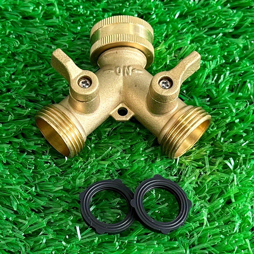 A Solid Brass Heavy-Duty Dual-Direction Y-Shaped Water Faucet Diverter, Weighing 166G, Made of Brass, Featuring a Garden Hose Splitter with Two Outlets And a GHT 3/4 Connector Valve, Includes Two 3/4