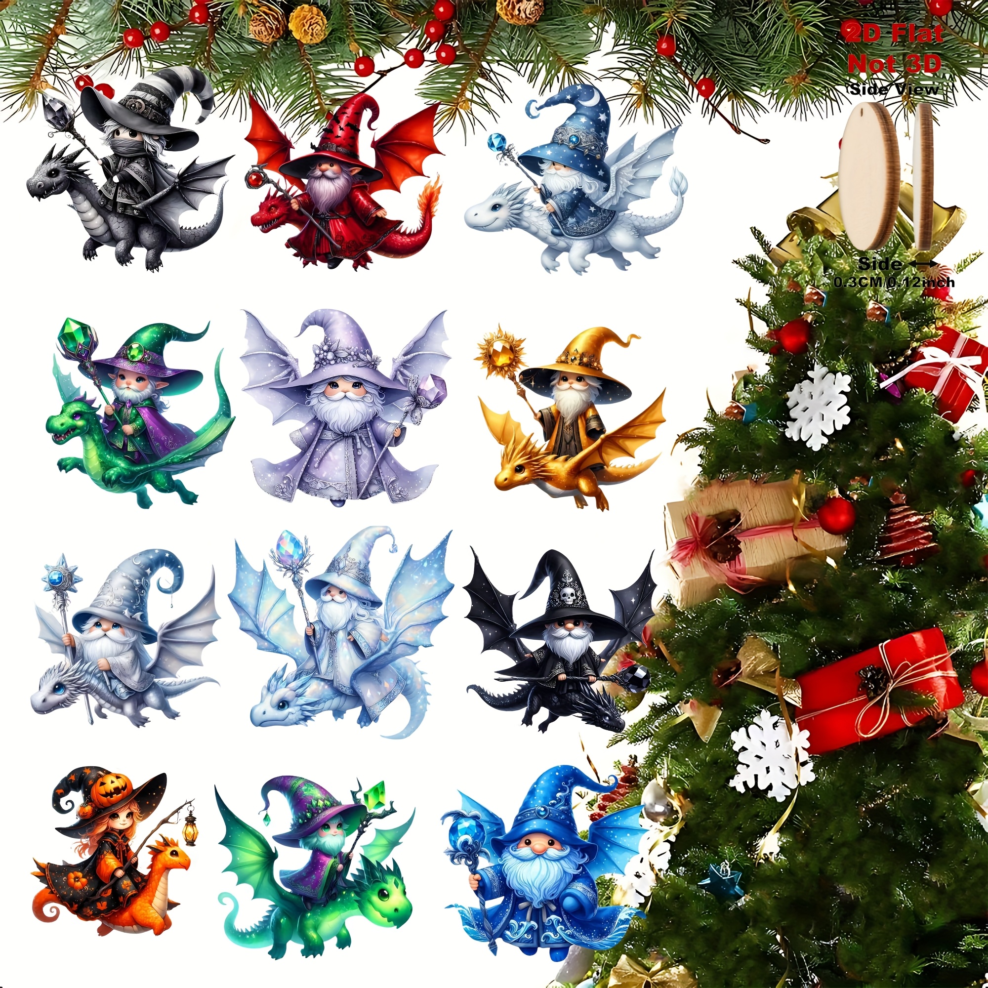 TEMU 2d Flat, 2d Flat, Set Of 12 Flat 2d Wooden Decorative Pieces Featuring A Creative Dwarves And Dragon Theme, Christmas, Halloween, Thanksgiving,