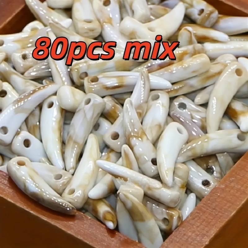 TEMU 55pcs/80pcs Wolf Tooth Beads With Pendants - Ivory Natural, , For Diy Bohemian Style Necklace And Bracelet Making - Vintage Tooth-shaped Beaded
