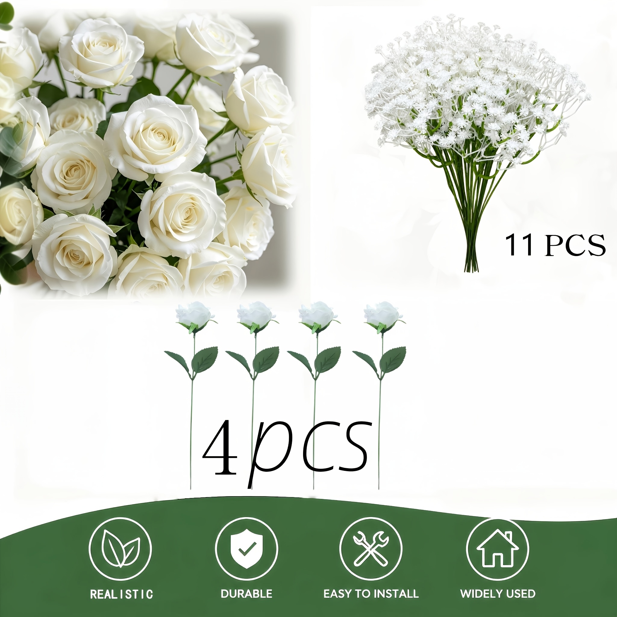 TEMU 15pcs Roses Artificielles Premium et Bouquet 'S Breath, Roses Blanches Réalistes, Idéal pour Décoration de Fêtes, Convient pour Noël, An,
