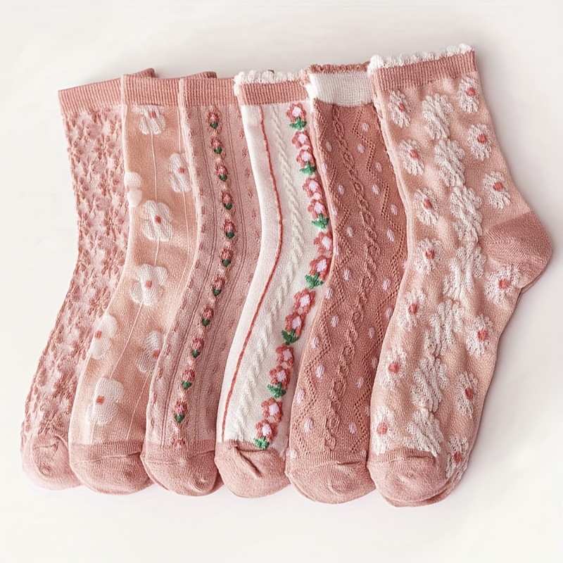 

6 Pairs Women's Knee-length Socks, Ditsy Floral Embossed, Polyester & Spandex , Knit Fabric, Hand Washable - Cute Pink Mid-calf For All