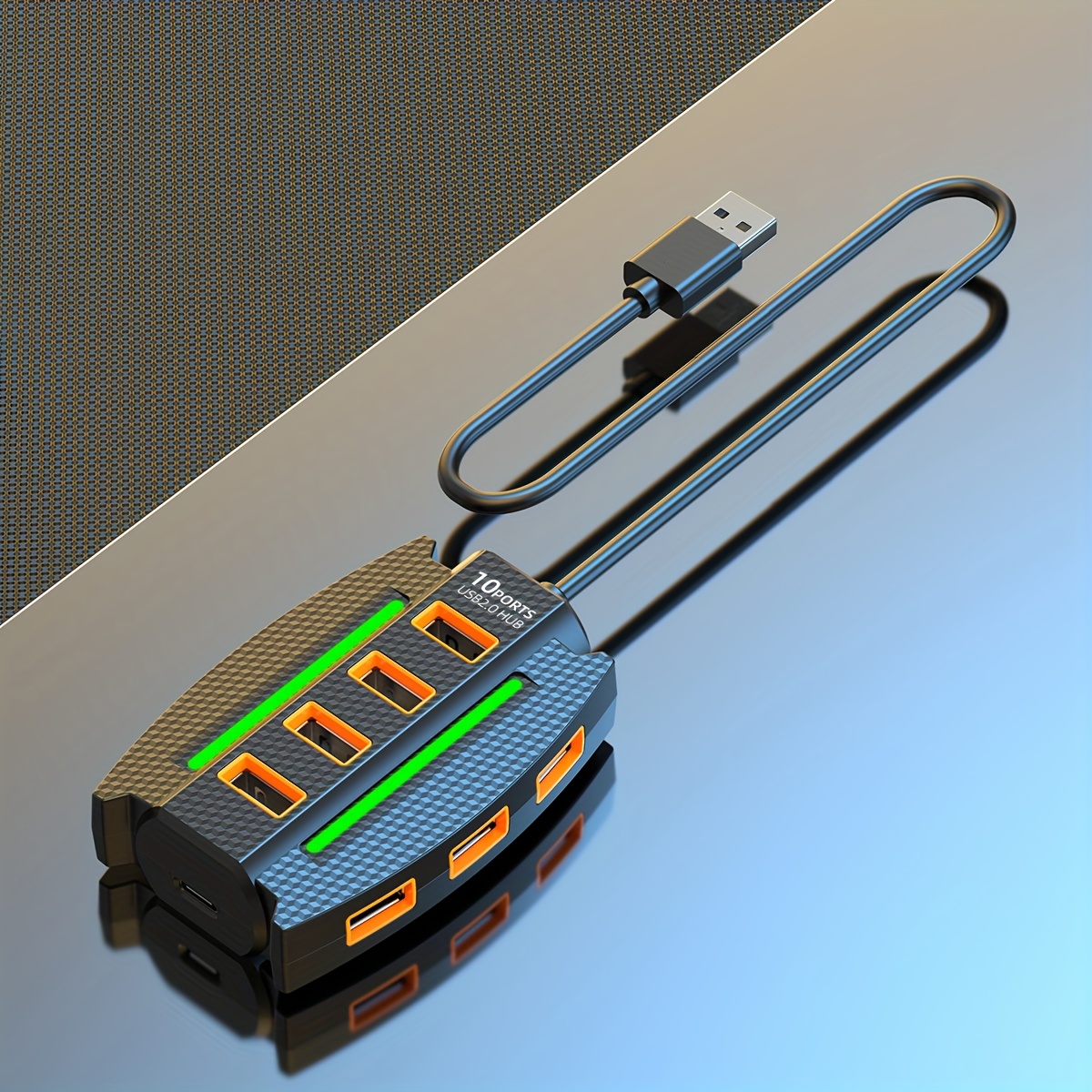 1pc 10-port Usb 2.0 With Rgb Lights, Multi-device Splitter And Data Transmission, Plug And Play, 36v Max Working Voltage, For Computer Accessories