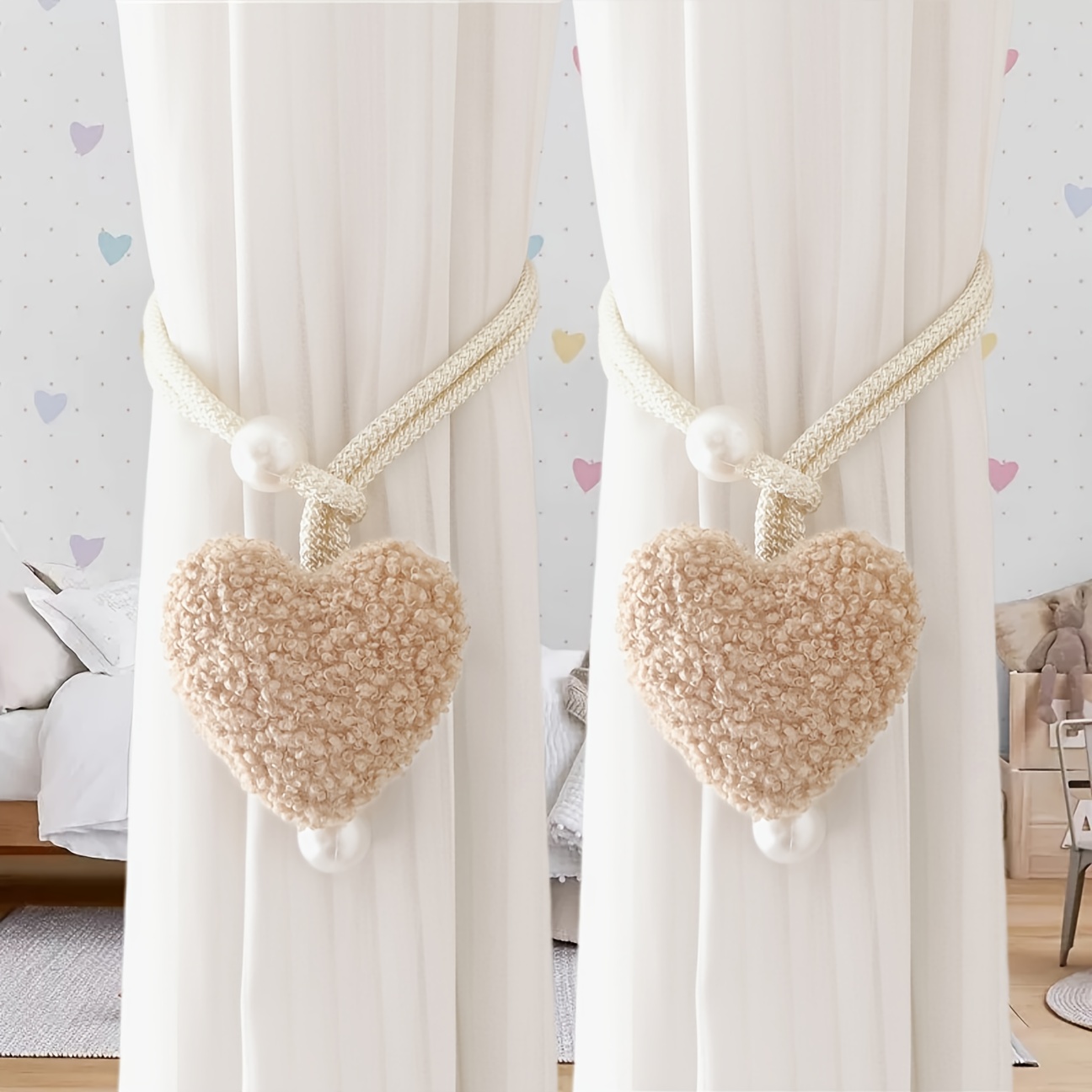 Three-Dimensional Plush Heart Pearl Curtain Tieback