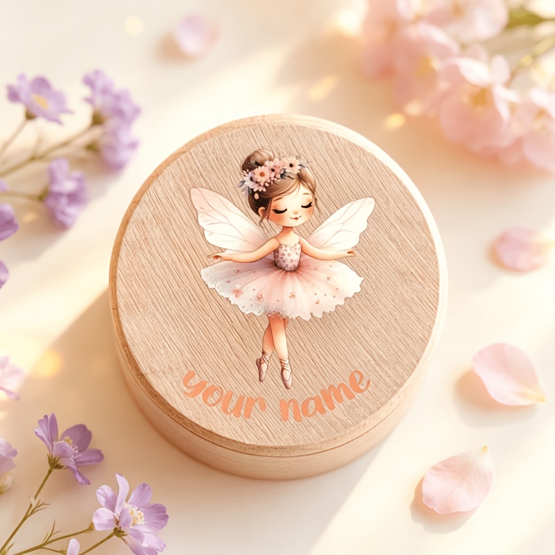 TEMU Customizable Name Wooden Storage Round Box Elf Cartoon Pattern Girl Jewelry Storage Gift Box