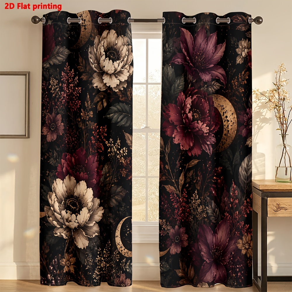 Image of 2d Flat - 2d Flat 2pcs Curtains Dark Pattern For Bedroom Living Room Aesthetic Decor Light Luxury Minimalist European Style, Suitable For Living Rooms, Bedrooms, Study Rooms, And Home Decoration