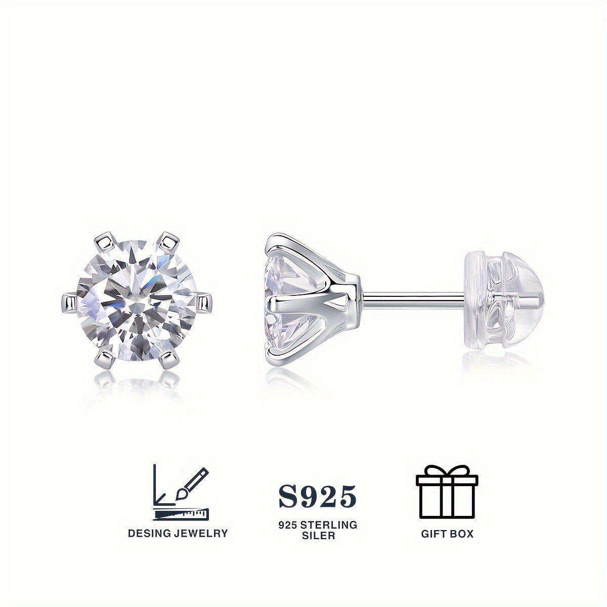 

2pcs Classic Beautiful Sparkling Moissanite Stud Earrings, 925 Sterling Silver Ear Studs, Girls Casual Leisure Fashion Jewelry Gift