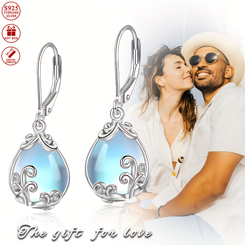 925 Silver Plated Floral Moonstone Dangle Earrings