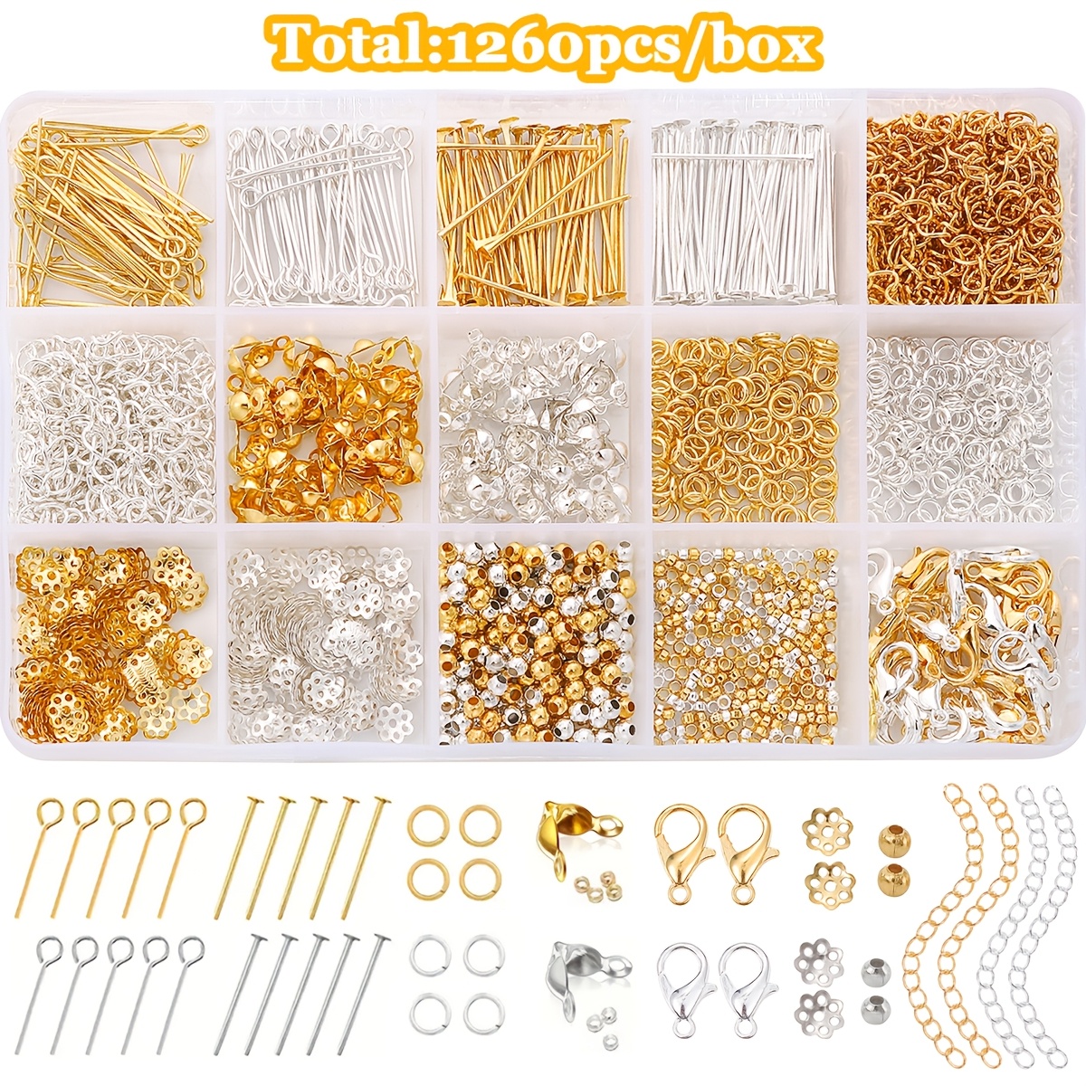 TEMU Kit de 1060/1260 pièces de tiges de boucles d'oreilles - Inclut des crochets de boucles d'oreilles, des fermoirs papillon et des -pertes en