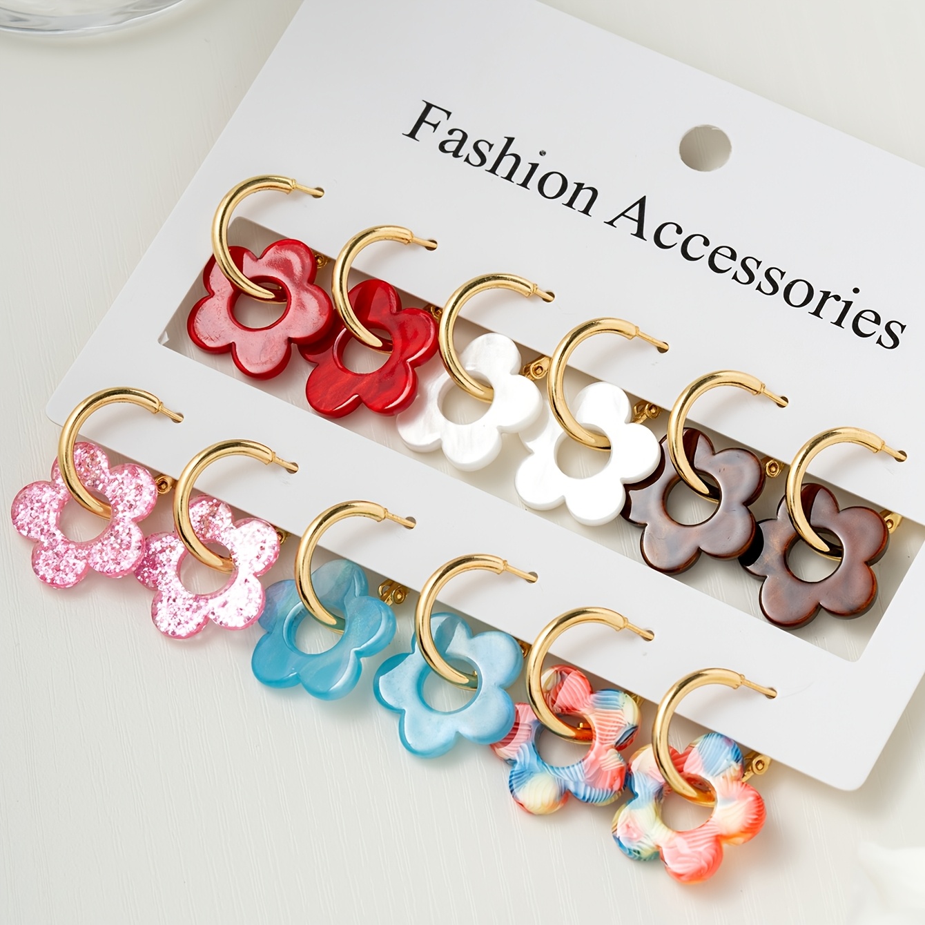 TEMU Pendientes de aro para acrílicos con flores huecas de multi-, set de aretes retro con bloques de color y flores pequeñas de C