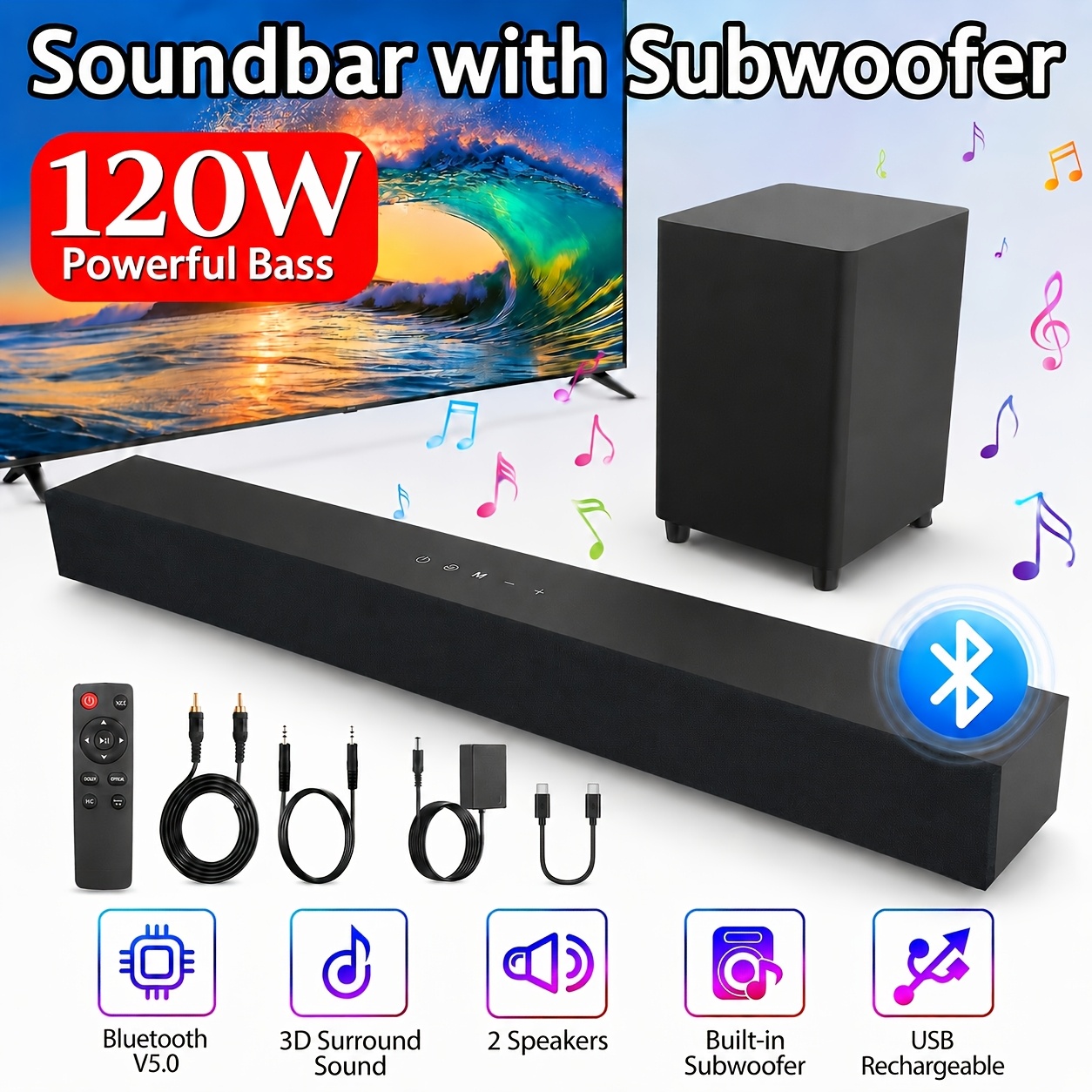 120W 2.1 Channel Soundbar with Subwoofer, Smart TV Sound Bars Bluetooth Surround Sound System Wireless Speaker for TV PC Home Theater, Support BT USB OPT COAX AUX MIC, 3 EQ Modes, with Remote Contro
