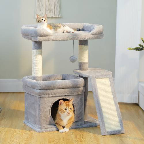 27 small cat tree tower for large adult cats with perch private cat condo and sisal scratching post pad for indoor cats gray beige green