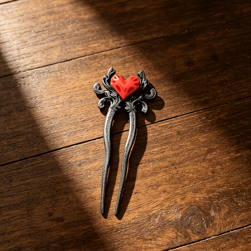 Gothic Red Heart Hair Stick, 3D Printed Black U-Shaped Hairpin