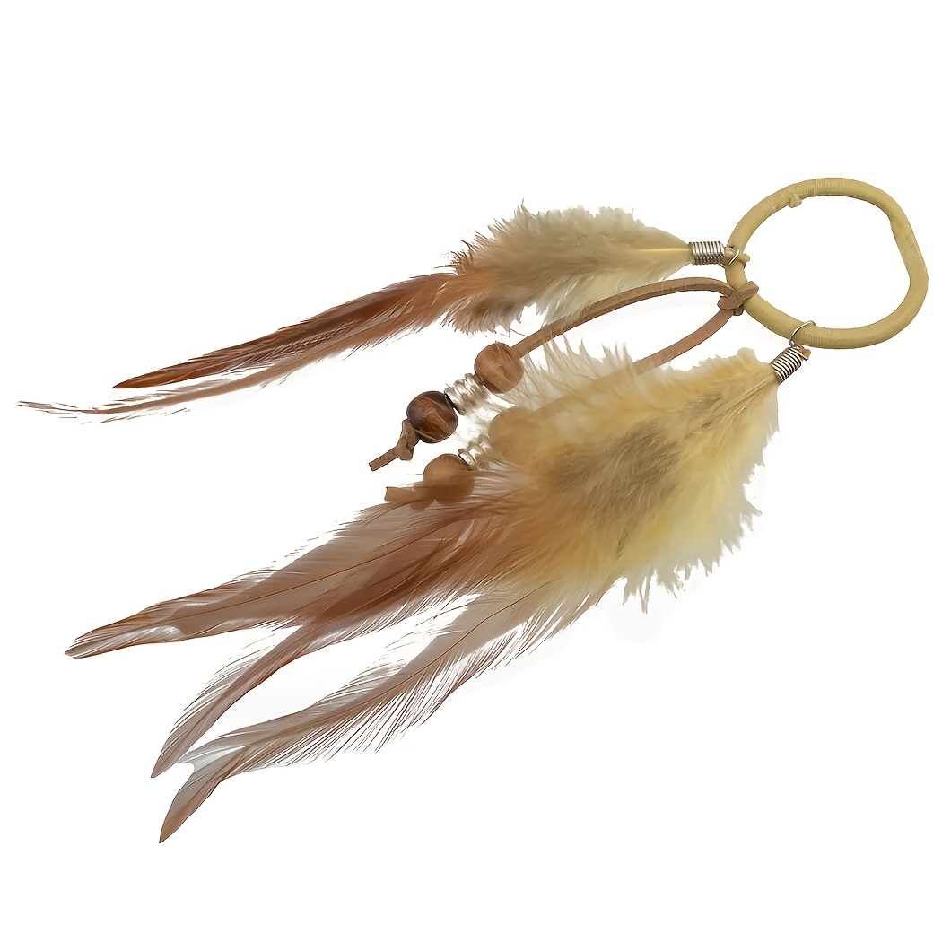 Bohemian Feather Wooden Bead Hair Tie Retro Ethnic Style Braided Hair Rope Photo Atmosphere Hair Additions For Women