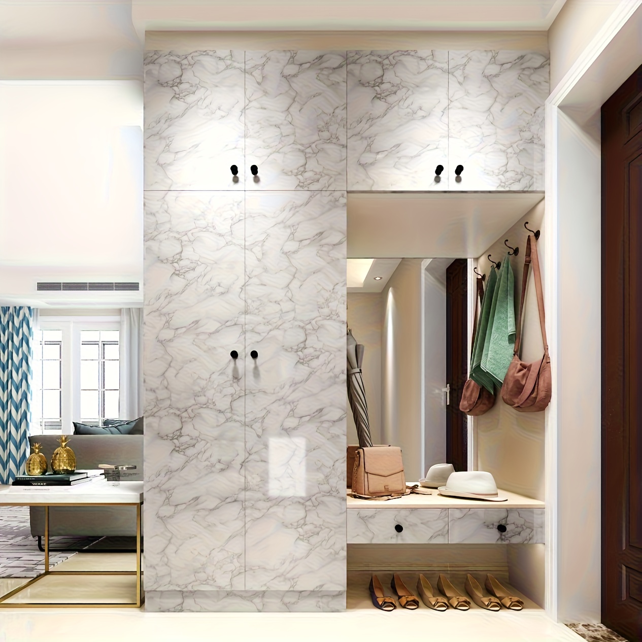 A Roll of PVC Wallpaper, Self-adhesive, Waterproof, Oil-proof, Dirt-resistant, Removable, Suitable for Bedrooms, Cabinets, Living Room Furniture Renovation, Easy to Stick and Peel-off-