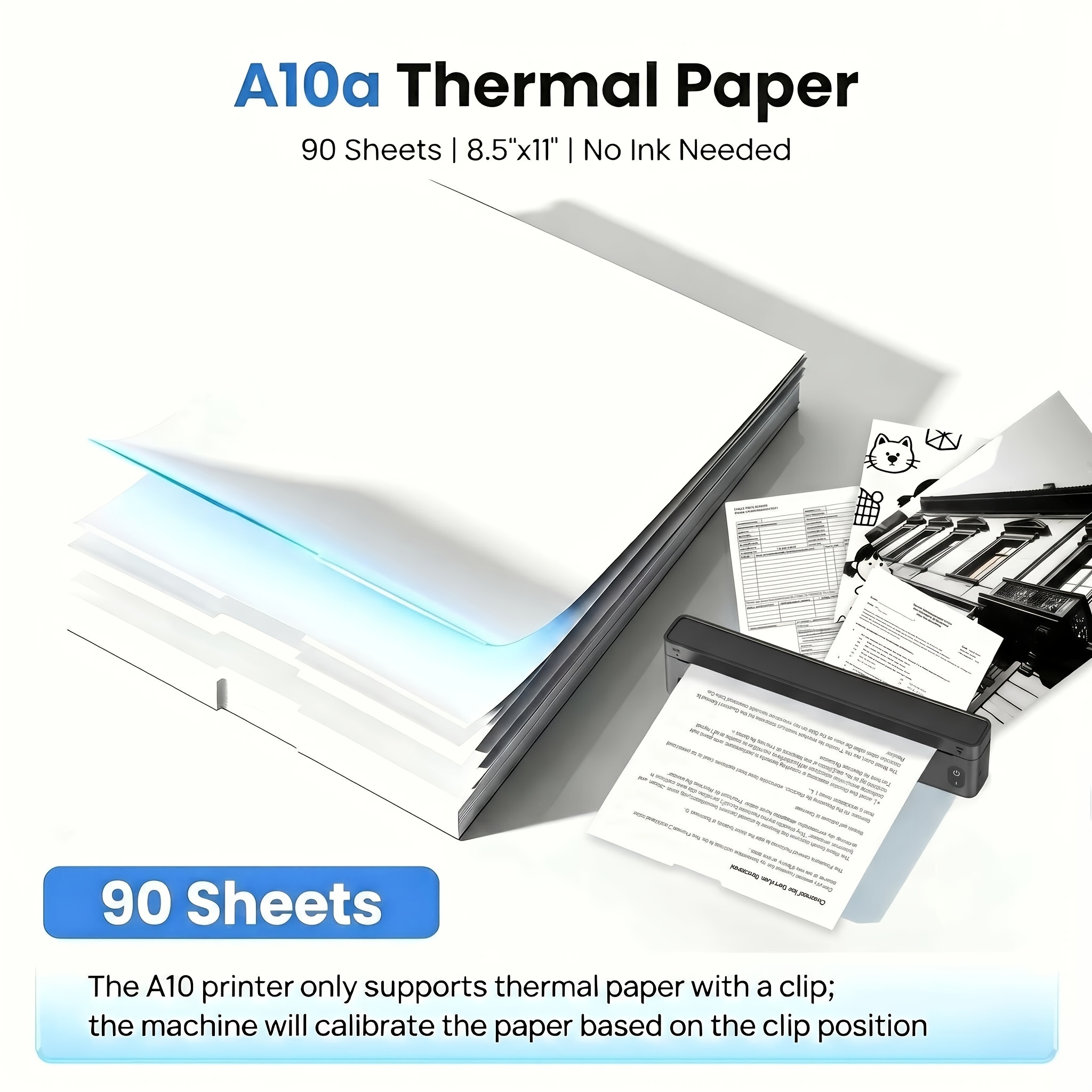 8.5" X 11" Thermal Paper For A10a Printer, 90 Sheets, Premium Thermal Coated Thermal Paper For Clear, Black White Prints, Smooth Feeding, Jam- For Documents, Notes, Labels