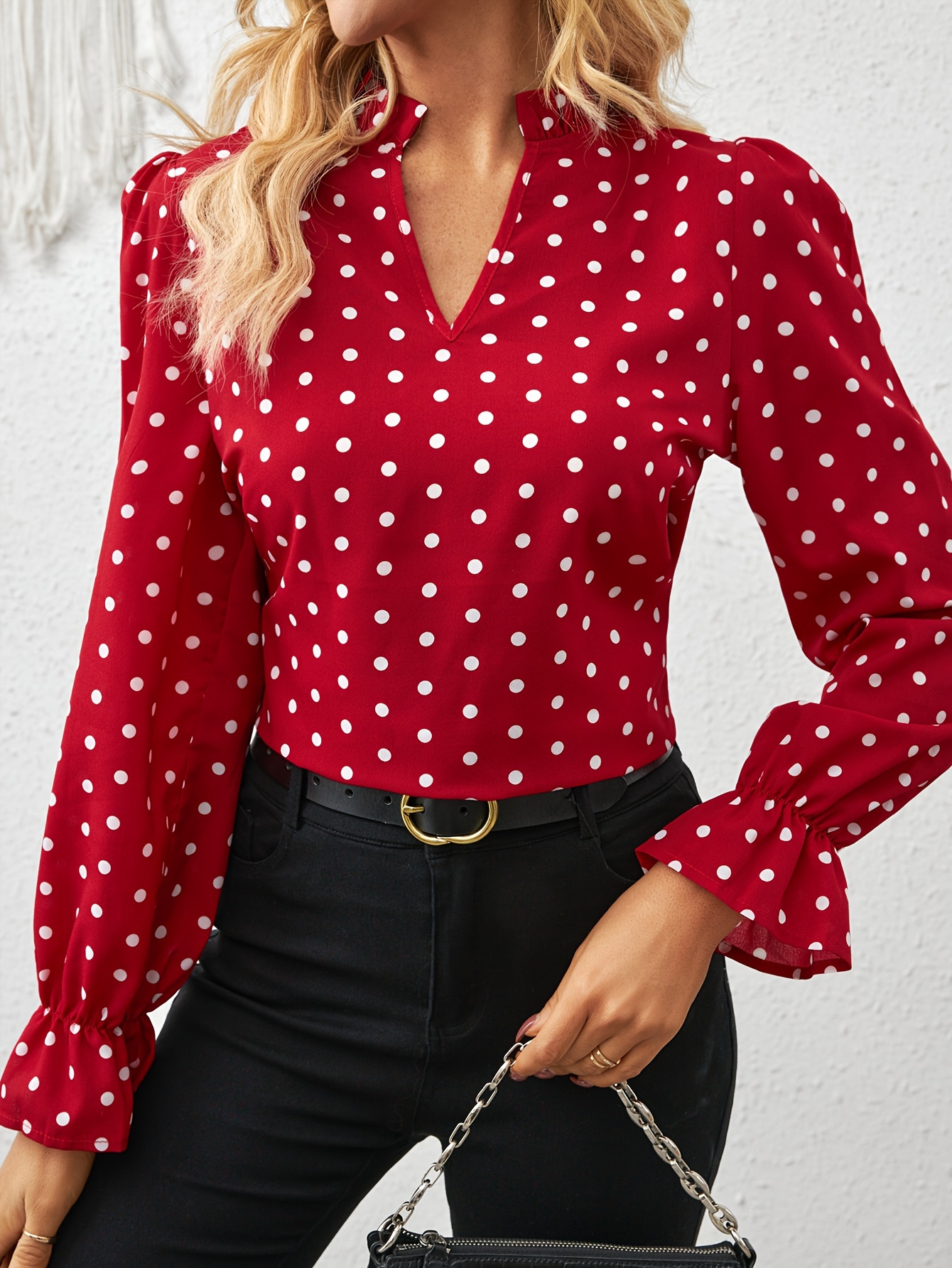 Polka Dots Print Ruffle Trim Blouse Elegant Notch Neck - Temu