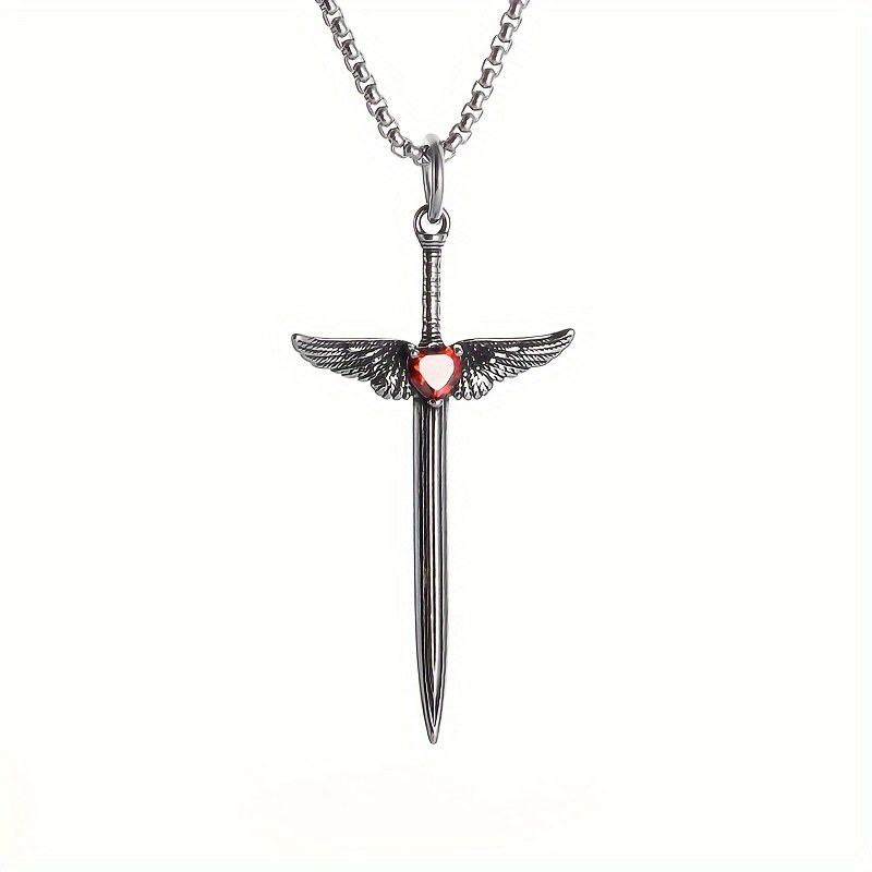 1pc Vintage Red Cubic Synthetic Zirconia Cross Sword Pendant Necklace Men And Women Necklace Jewelry Gift