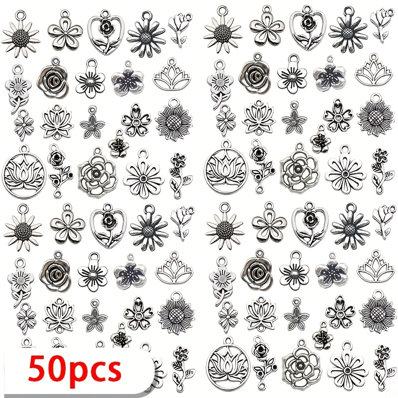 E-shop 50/100 Stück Antike Silberne Blumen-Design Anhänger aus Legierung für DIY Armband Halskette Schmuckherstellung Zubehör