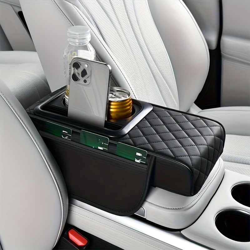 TEMU Luxury Faux Leather Car Armrest Pad, Height Extension Pad With 2 Cup Holders, Card Slots, And Storage Pouch, Universal Center Console Armrest