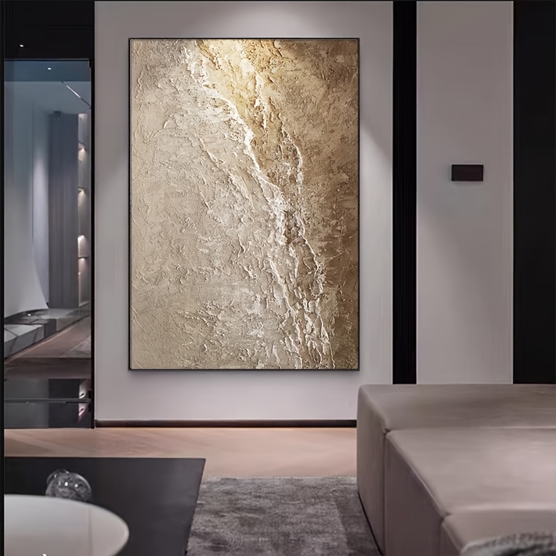Hand-Painted Abstract Ocean Waves Textured Canvas Wall Art - Khaki & White Frameless Modern Decor for Living Room, Office, Cafe, Bar, Beachy Room Decor, Office Artwork, Earth Tone Painting