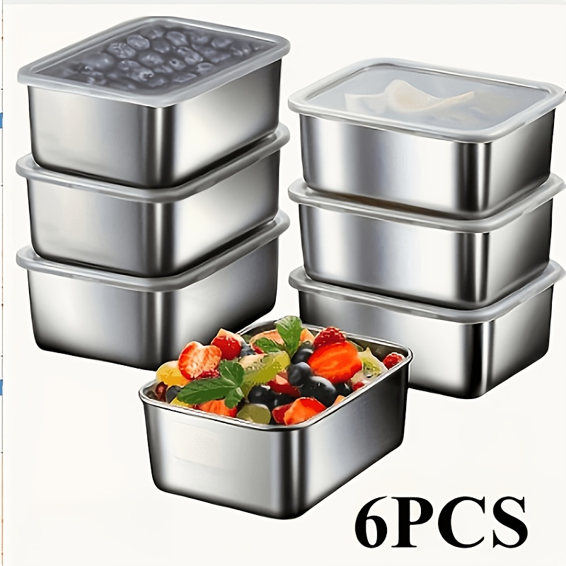 TEMU 6pcs Stainless Steel Food Storage Containers, Bpa-free Leakproof Meal Prep Boxes With Lids, Smooth Polished Surface, Stackable, Reusable Easy To