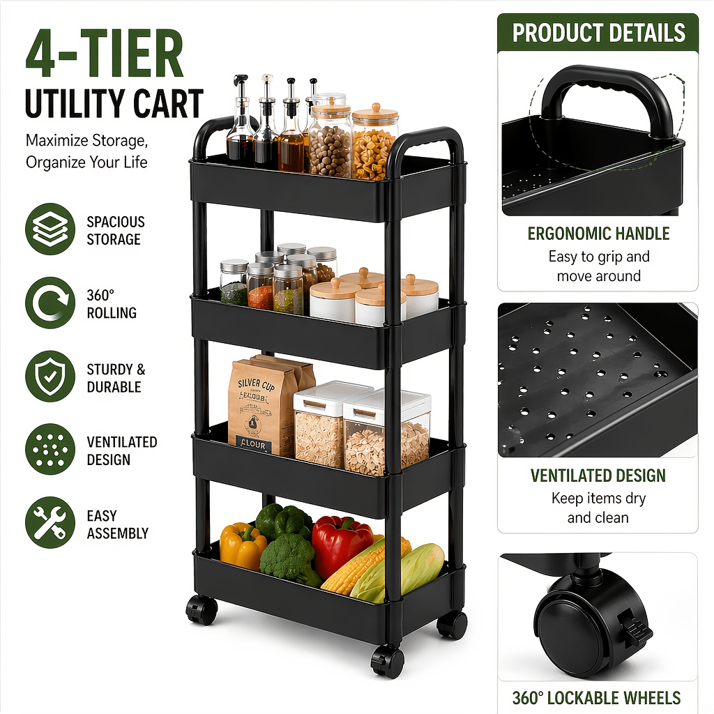 item picture black 4 tier multi purpose mobile storage cart utility organizer rack with wheels   rolling cart for under desk kitchen bathroom bedroom standing shelf