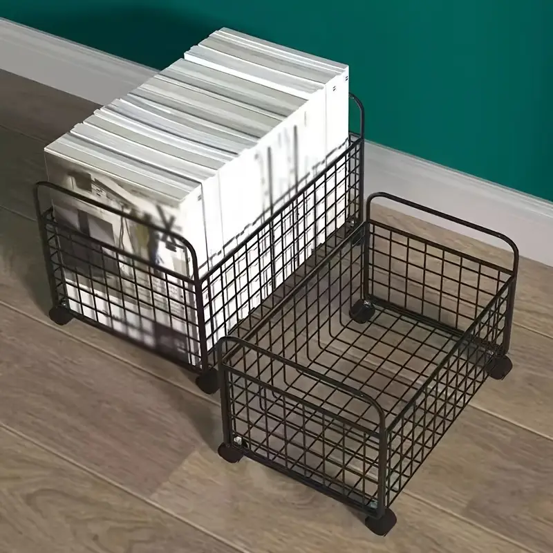 durable metal bookshelf with storage basket and wheels stackable space saving organizer for office living room classroom or reception black white 38 0cm x 24 0cm x 21 01cm suitable for easy to assemble classroom storage stackable design metal structure bookcase Product details 3