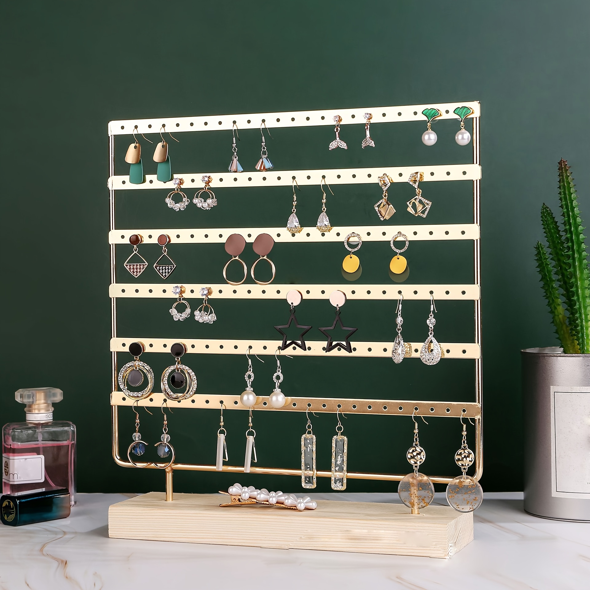 

1pc Six-layer Earring Display Organizer, Metal Holder Stand With Wooden Base, Ear Accessories Rack For Earrings & Studs Display