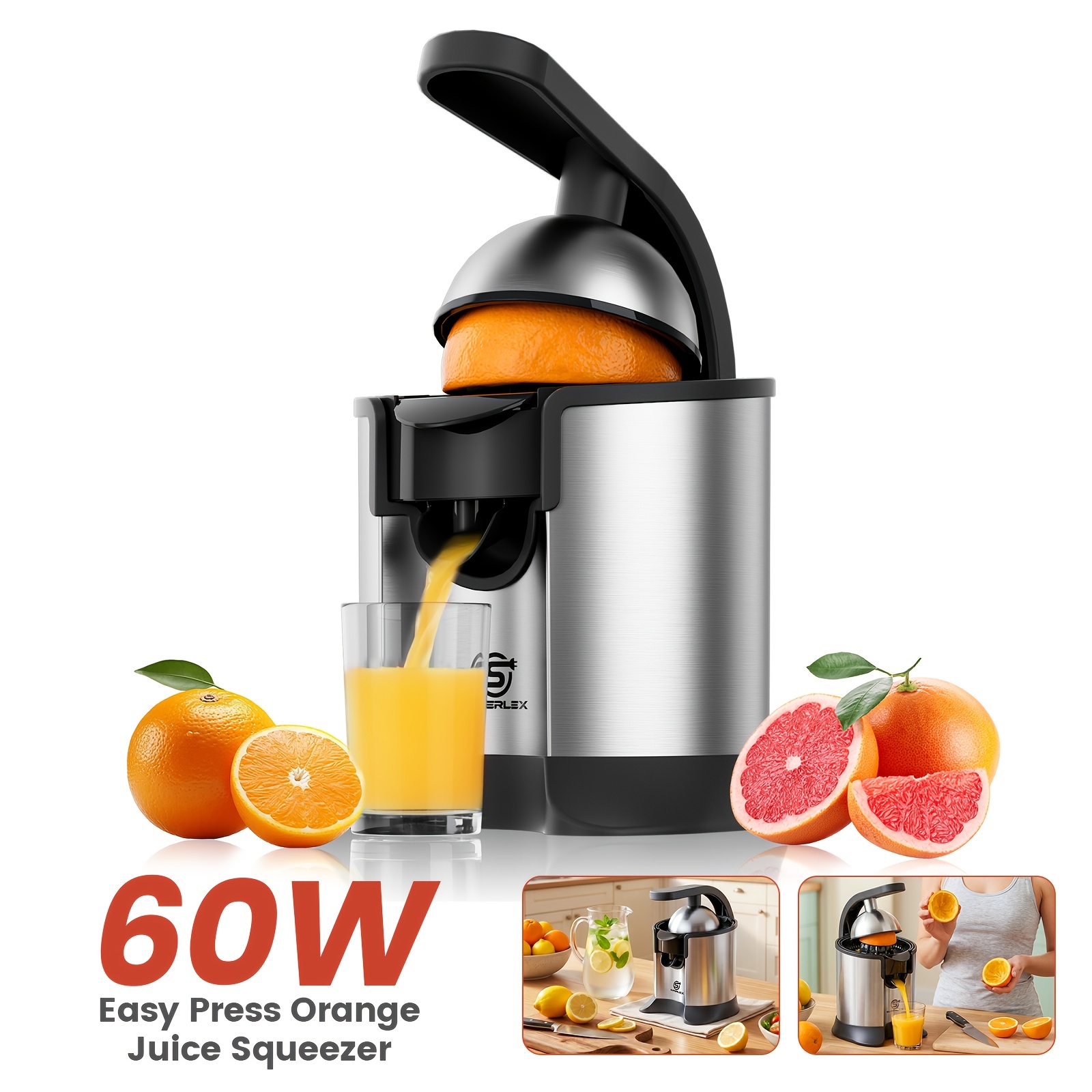 Image of Stainless Steel Citrus Juicer, Orange Juice Squeezer With 2 Cones, 60w Slow Squeeze Motor, Drip-free Spout, Easy Clean & Dishwasher Safe Parts
