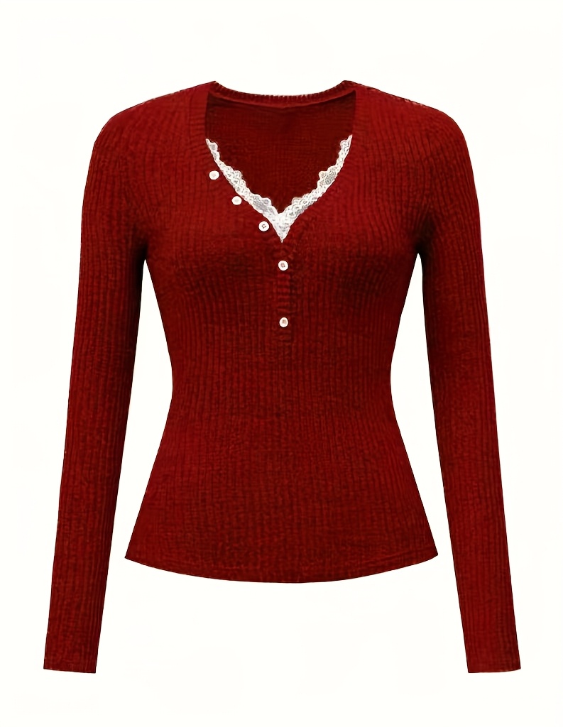 女士休闲针织 v 领蕾丝拼布纽扣装饰长袖秋冬上衣 女士秋季服装 商品详情 7