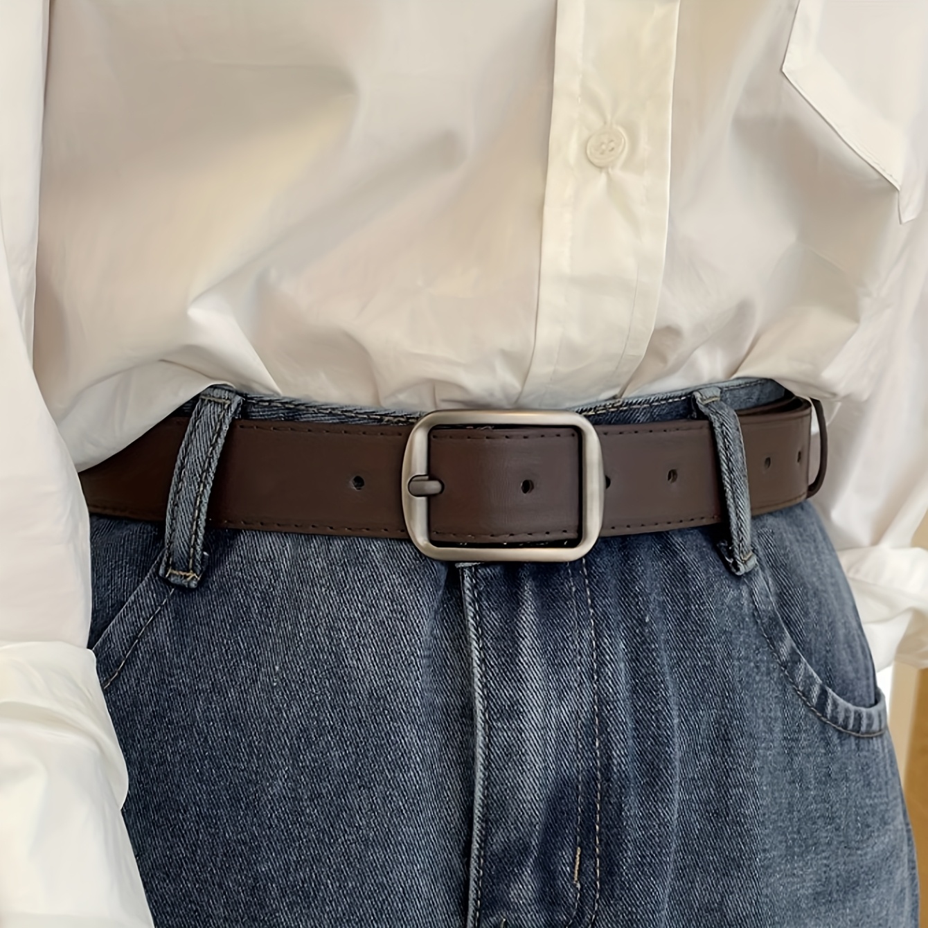 TEMU Ceinture unisexe noire vintage à boucle en PU, ceinture de taille pour jeans, tendance et facile à pour hommes et femmes