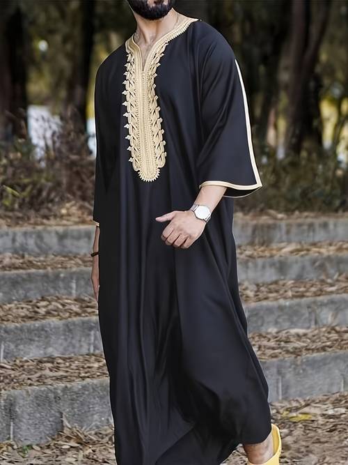 men islamic robe muslim kaftan half sleeve v neck vintage casual dubai saudi arabia men clothing embroidery thobe